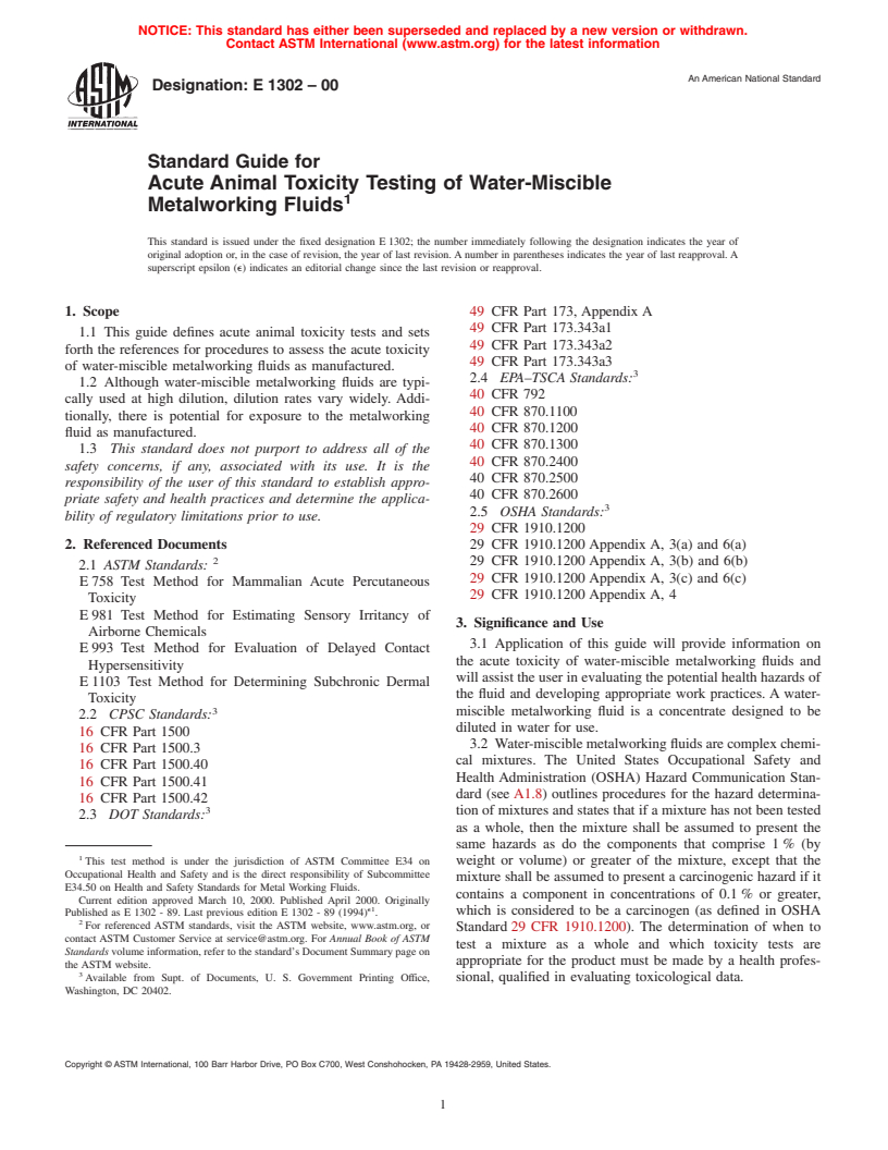 ASTM E1302-00 - Standard Guide For Acute Animal Toxicity Testing Of ...