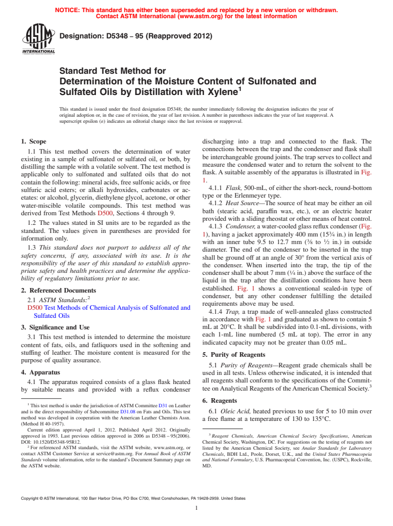 ASTM D5348-95(2012) - Standard Test Method for Determination of the Moisture Content of Sulfonated and Sulfated Oils by Distillation with Xylene