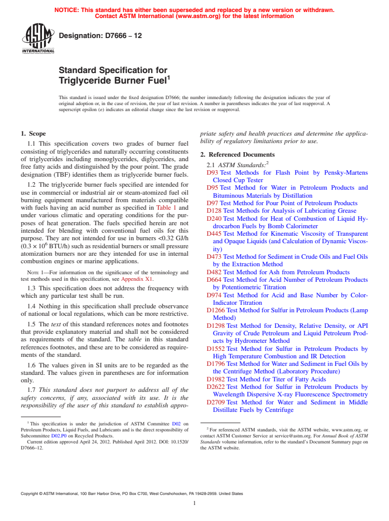 ASTM D7666-12 - Standard Specification for Triglyceride Burner Fuel