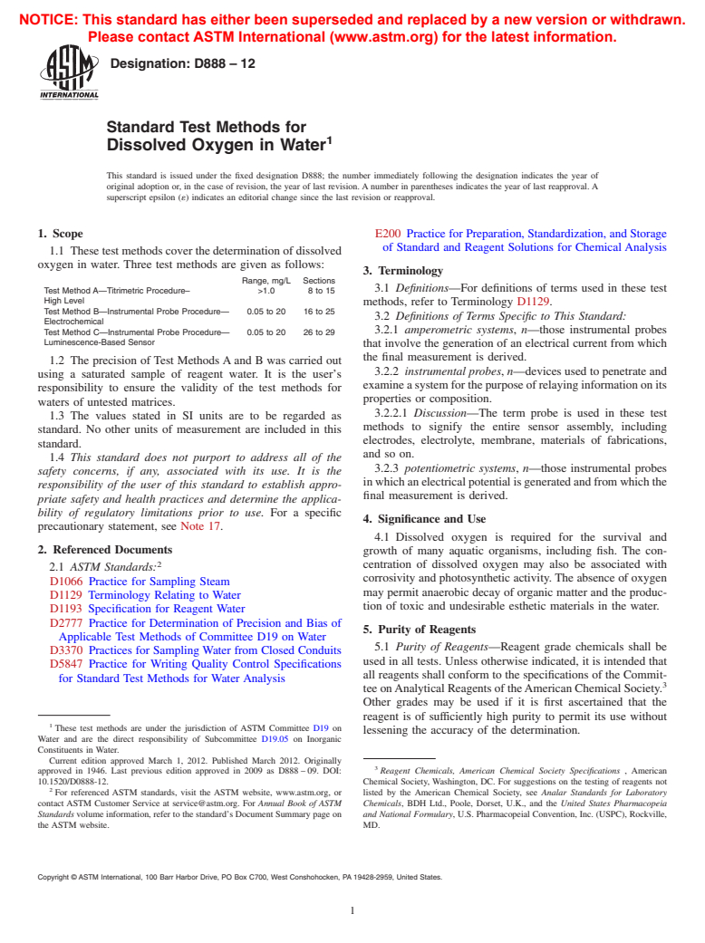 ASTM D888-12 - Standard Test Methods for  Dissolved Oxygen in Water