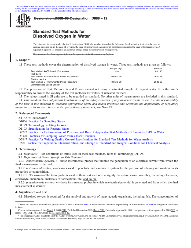 REDLINE ASTM D888-12 - Standard Test Methods for  Dissolved Oxygen in Water