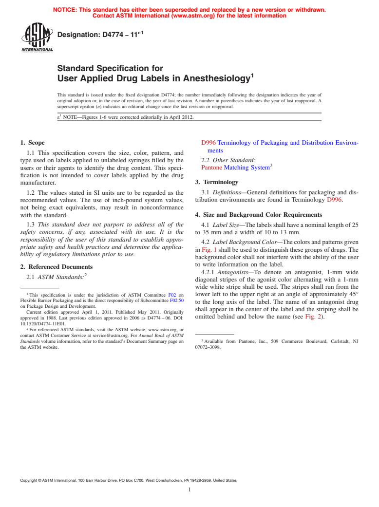 ASTM D4774-11e1 - Standard Specification for User Applied Drug Labels in Anesthesiology