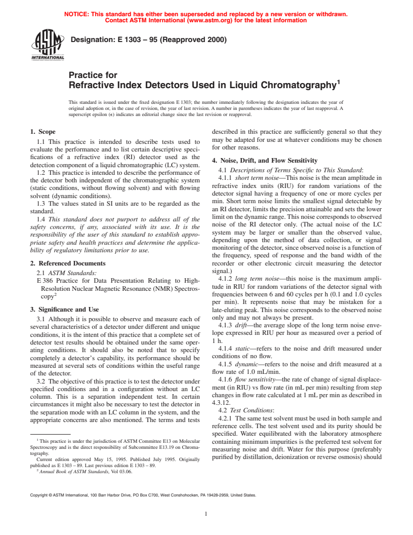 ASTM E1303-95(2000) - Practice for Refractive Index Detectors Used in Liquid Chromatography