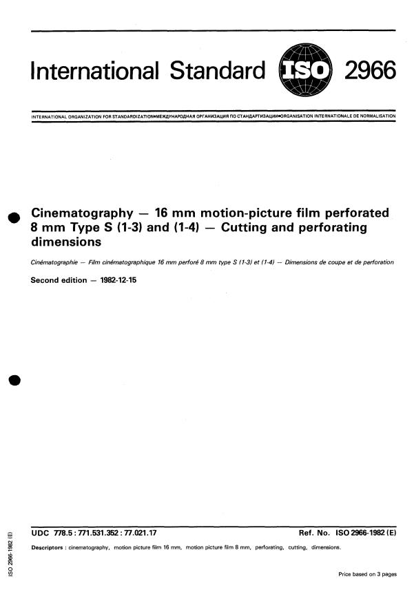 ISO 2966:1982 - Cinematography -- 16 mm motion-picture film perforated 8 mm Type S (1-3) and (1-4) -- Cutting and perforating dimensions