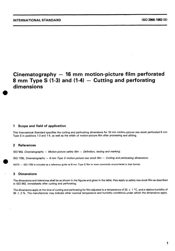 ISO 2966:1982 - Cinematography -- 16 mm motion-picture film perforated 8 mm Type S (1-3) and (1-4) -- Cutting and perforating dimensions