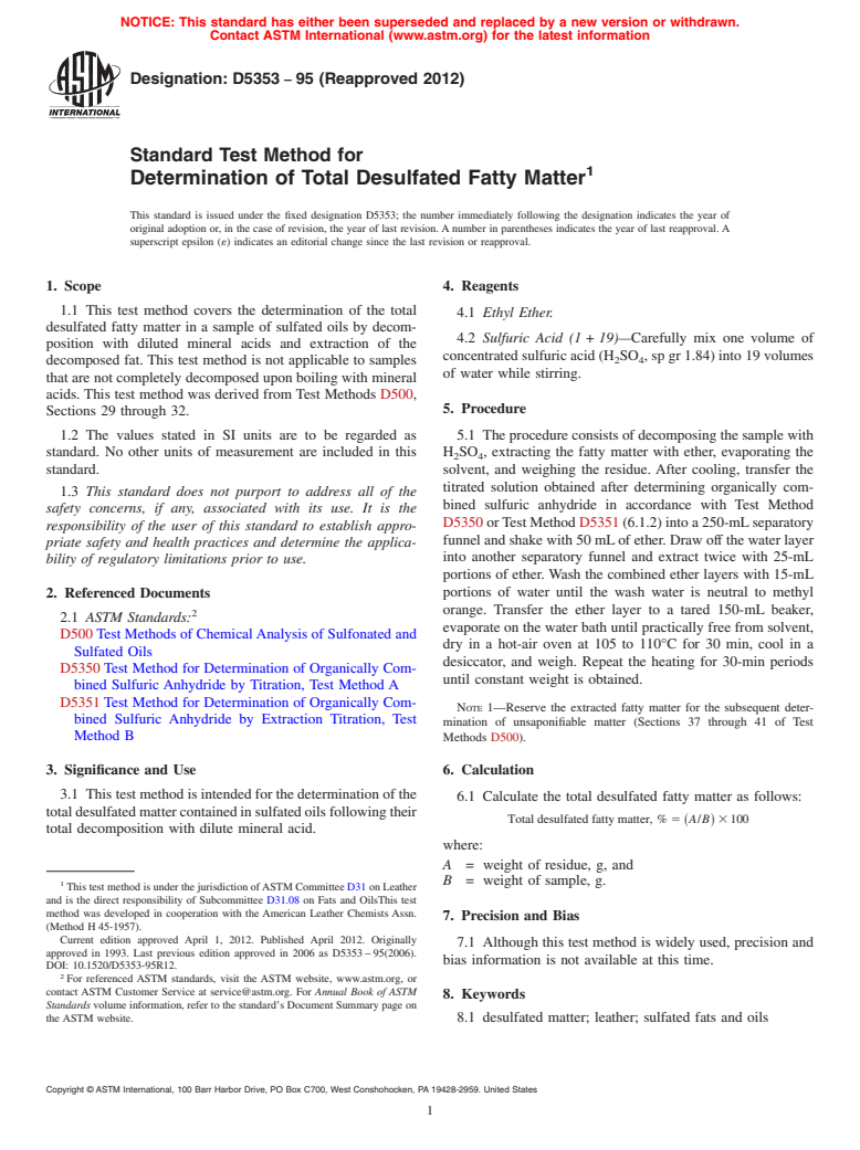 ASTM D5353-95(2012) - Standard Test Method for Determination of Total Desulfated Fatty Matter