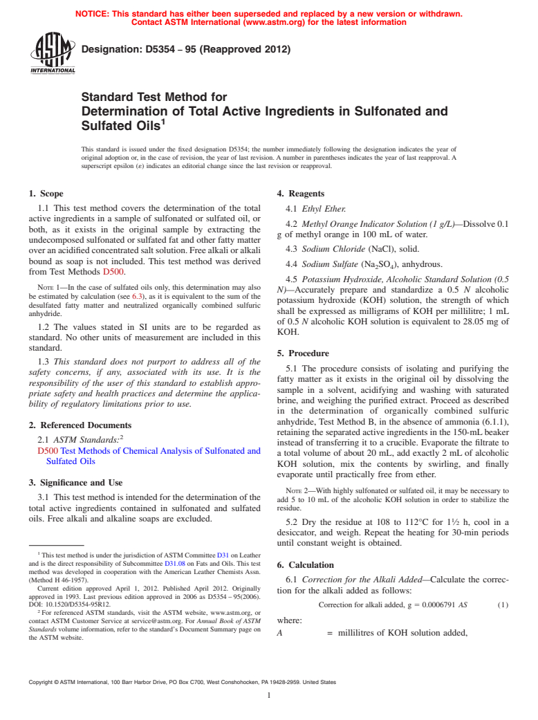 ASTM D5354-95(2012) - Standard Test Method for Determination of Total Active Ingredients in Sulfonated and Sulfated Oils