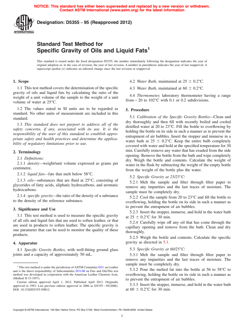 ASTM D5355-95(2012) - Standard Test Method for Specific Gravity of Oils and Liquid Fats