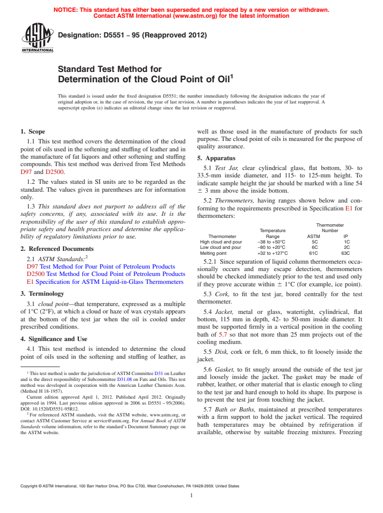 ASTM D5551-95(2012) - Standard Test Method for Determination of the Cloud Point of Oil