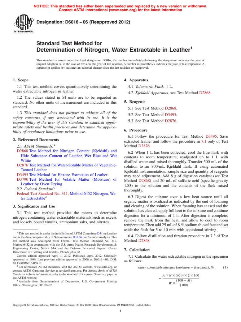 ASTM D6016-06(2012) - Standard Test Method for  Determination of Nitrogen, Water Extractable in Leather