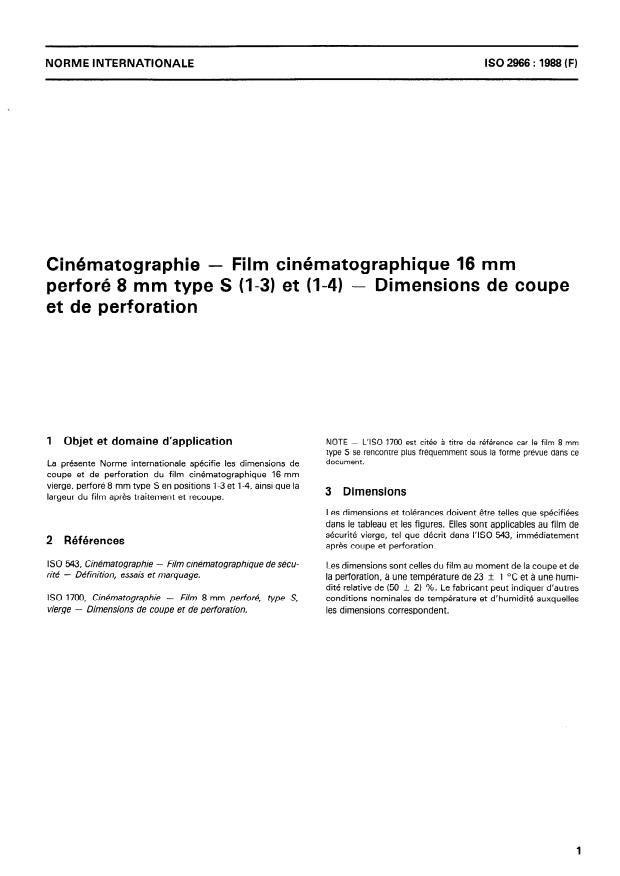 ISO 2966:1988 - Cinématographie -- Film cinématographique 16 mm perforé 8 mm type S (1-3) et (1-4) -- Dimensions de coupe et de perforation