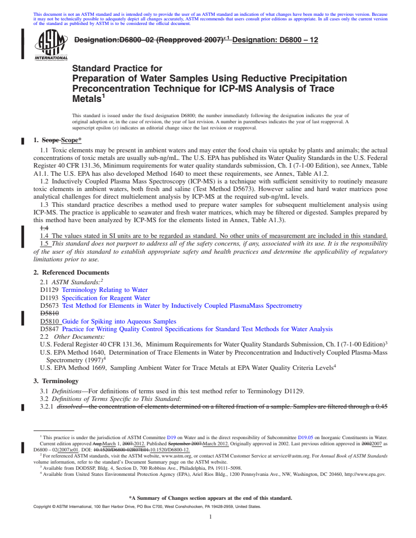 REDLINE ASTM D6800-12 - Standard Practice for Preparation of Water Samples Using Reductive Precipitation Preconcentration Technique for ICP-MS Analysis of Trace Metals