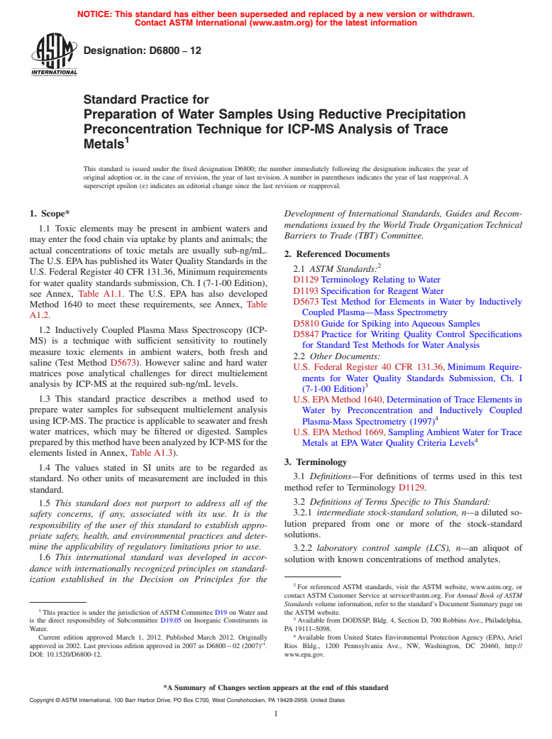 ASTM D6800-12 - Standard Practice for Preparation of Water Samples Using Reductive Precipitation Preconcentration Technique for ICP-MS Analysis of Trace Metals