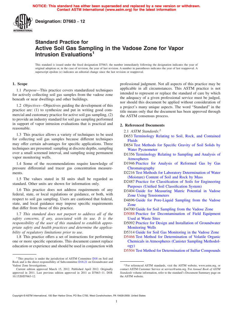 ASTM D7663-12 - Standard Practice for Active Soil Gas Sampling in the Vadose Zone for Vapor Intrusion Evaluations