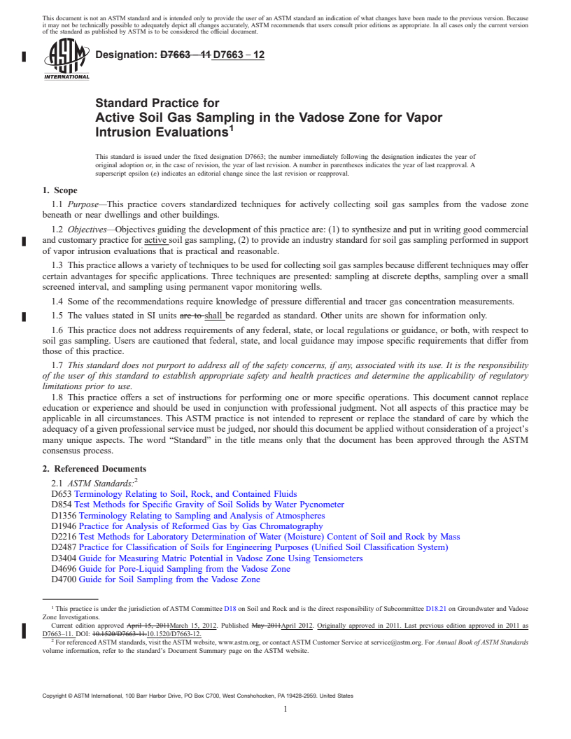 REDLINE ASTM D7663-12 - Standard Practice for Active Soil Gas Sampling in the Vadose Zone for Vapor Intrusion Evaluations