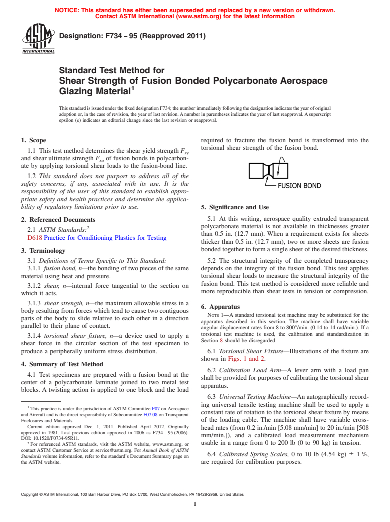 ASTM F734-95(2011) - Standard Test Method for Shear Strength of Fusion Bonded Polycarbonate Aerospace Glazing Material