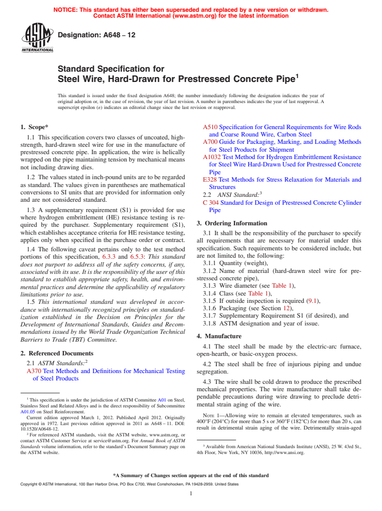 ASTM A648-12 - Standard Specification for  Steel Wire, Hard-Drawn for Prestressed Concrete Pipe