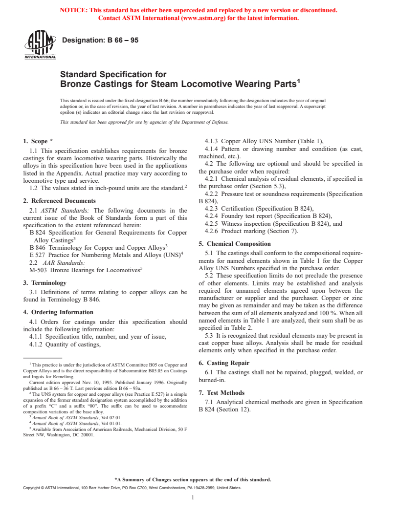 ASTM B66-95 - Standard Specification for Bronze Castings for Steam Locomotive Wearing Parts