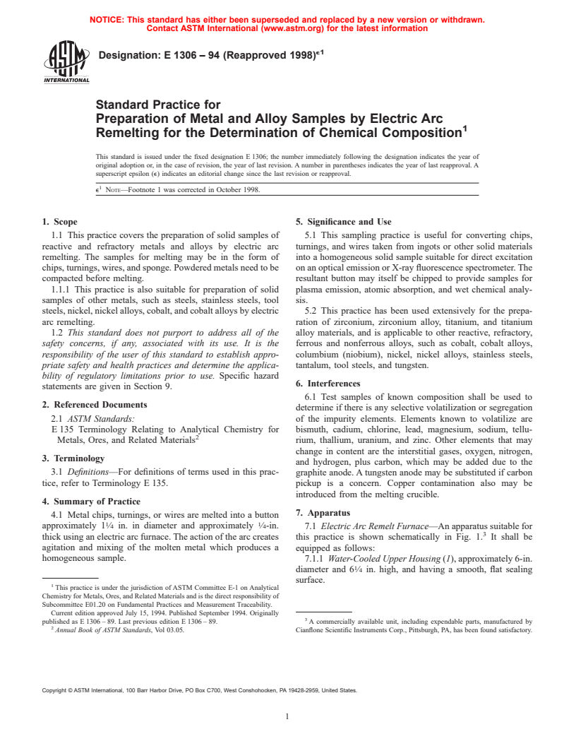 ASTM E1306-94(1998)e1 - Standard Practice for Preparation of Metal and Alloy Samples by Electric Arc Remelting for the Determination of Chemical Composition