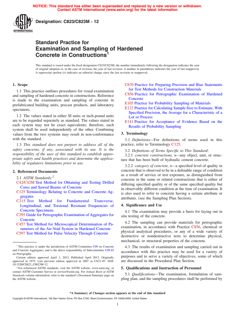 ASTM C823/C823M-12 - Standard Practice for  Examination and Sampling of Hardened<brk> Concrete in Constructions