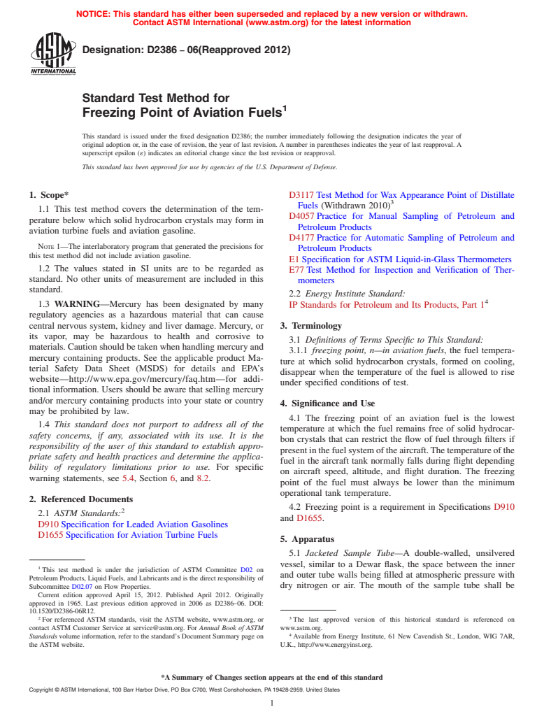 ASTM D2386-06(2012) - Standard Test Method for Freezing Point of Aviation Fuels