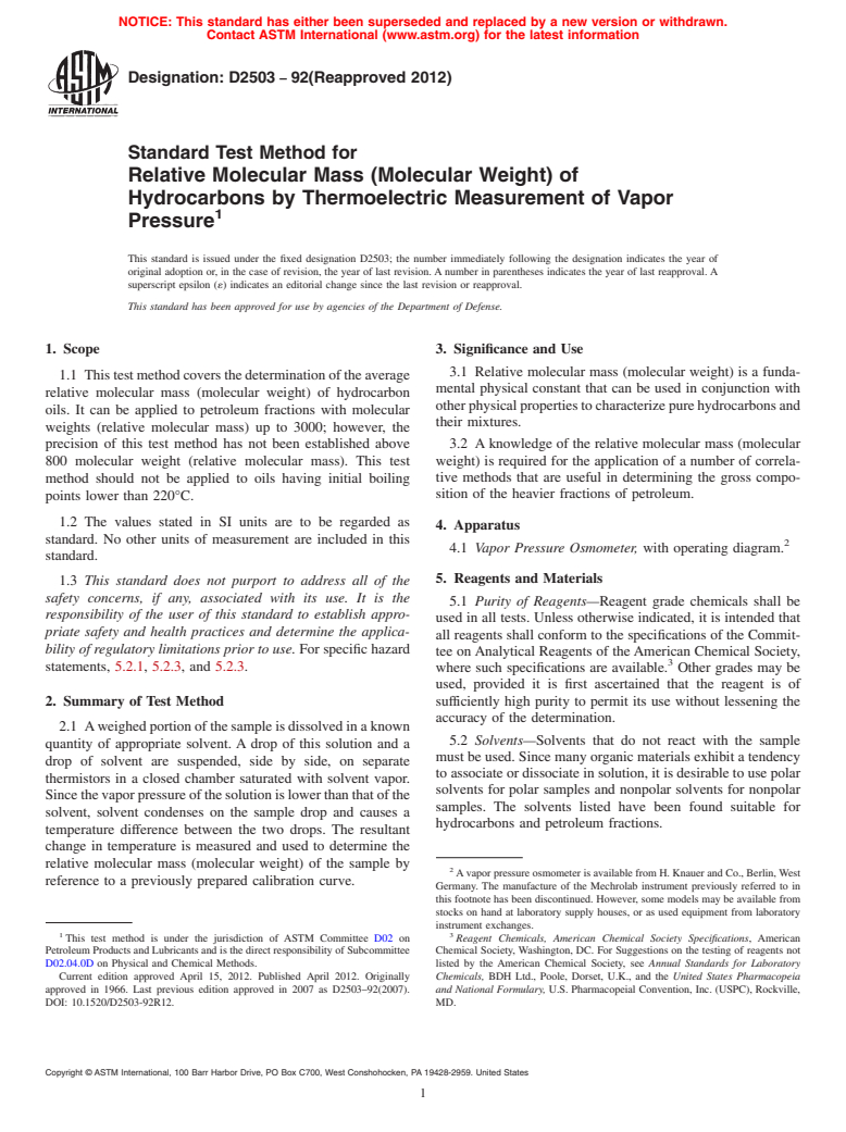 ASTM D2503-92(2012) - Standard Test Method for Relative Molecular Mass (Molecular Weight) of Hydrocarbons by Thermoelectric Measurement of Vapor Pressure