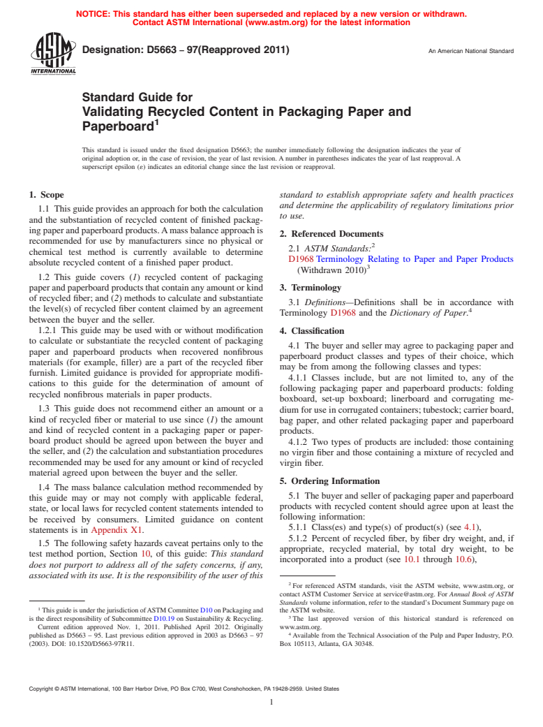 ASTM D5663-97(2011) - Standard Guide for  Validating Recycled Content in Packaging Paper and Paperboard