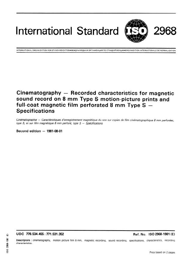 ISO 2968:1981 - Cinematography -- Recorded characteristics for magnetic sound record on 8 mm Type S motion- picture prints and full-coat magnetic film perforated 8 mm Type S -- Specifications