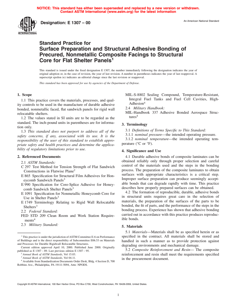 ASTM E1307-00 - Standard Practice for Surface Preparation and Structural Adhesive Bonding of Precured, Nonmetallic Composite Facings to Structural Core for Flat Shelter Panels