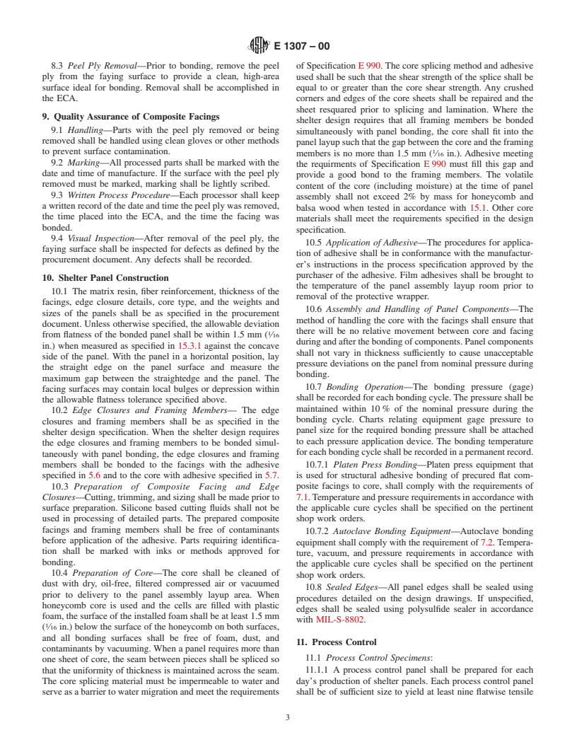 ASTM E1307-00 - Standard Practice for Surface Preparation and Structural Adhesive Bonding of Precured, Nonmetallic Composite Facings to Structural Core for Flat Shelter Panels