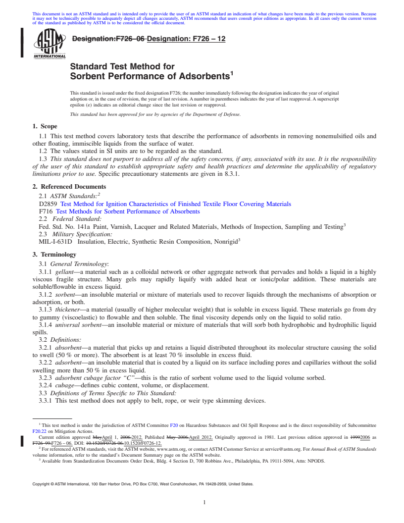 REDLINE ASTM F726-12 - Standard Test Method for Sorbent Performance of Adsorbents