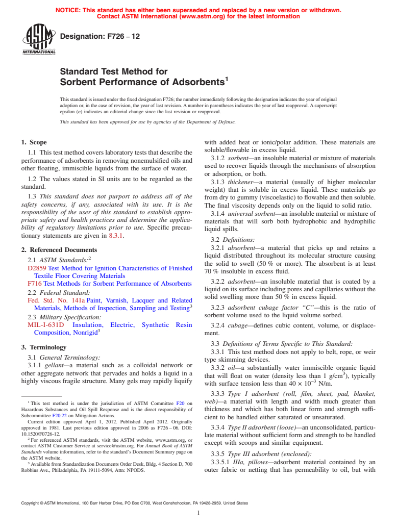 ASTM F726-12 - Standard Test Method for Sorbent Performance of Adsorbents