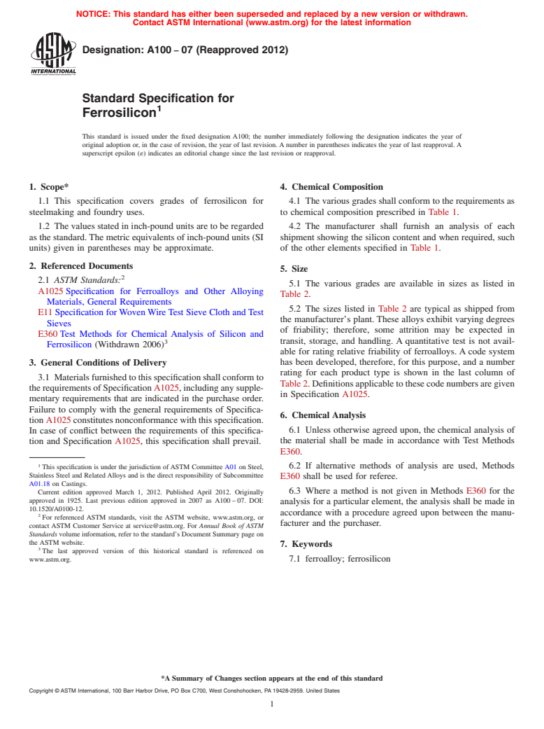 ASTM A100-07(2012) - Standard Specification for  Ferrosilicon