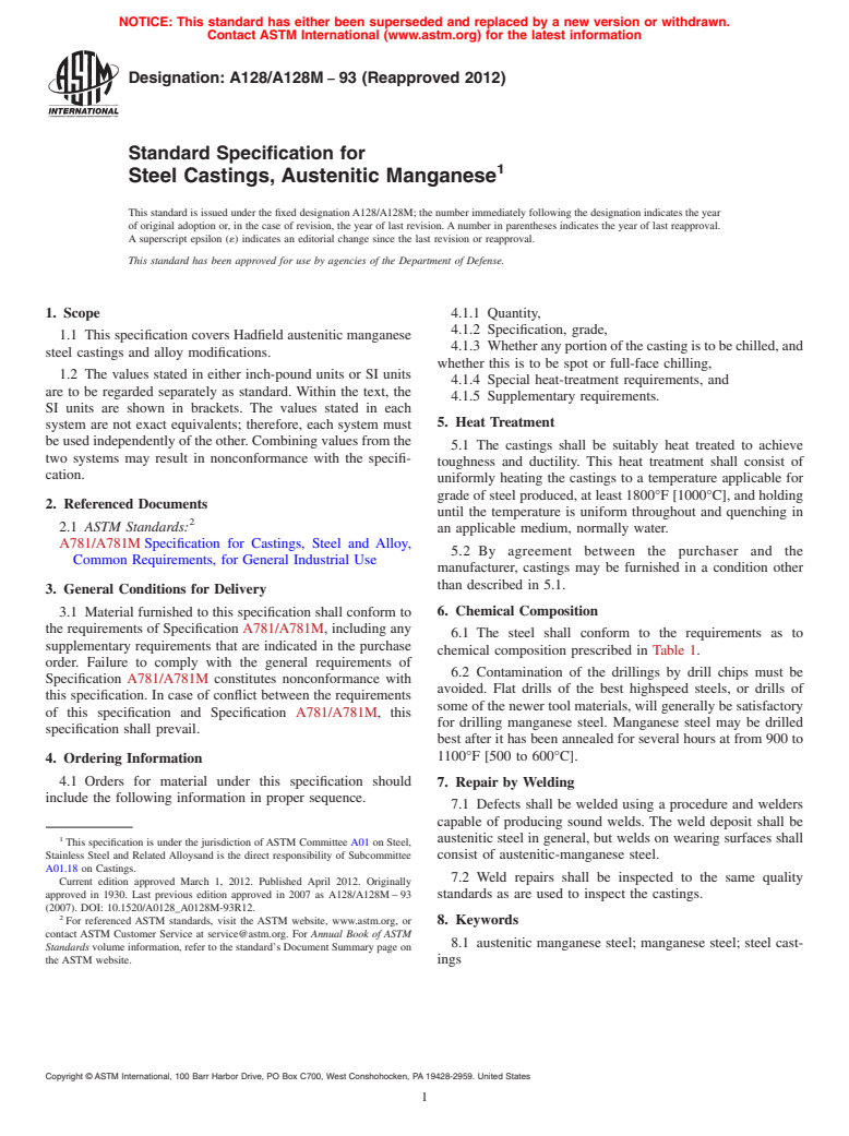 ASTM A128/A128M-93(2012) - Standard Specification for  Steel Castings, Austenitic Manganese