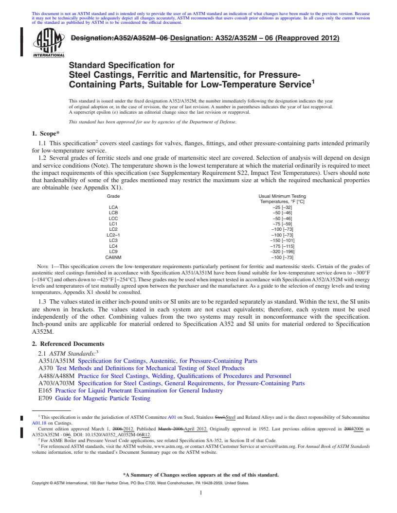 REDLINE ASTM A352/A352M-06(2012) - Standard Specification for  Steel Castings, Ferritic and Martensitic, for Pressure-Containing Parts, Suitable for Low-Temperature Service