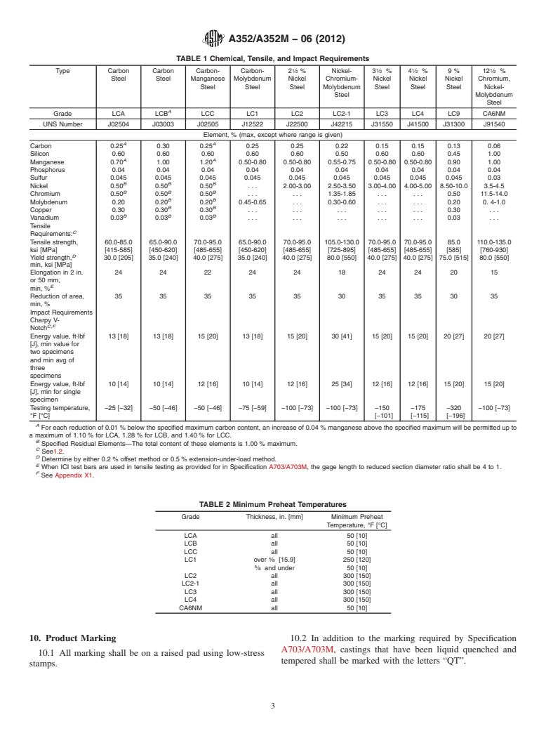 ASTM A352/A352M-06(2012) - Standard Specification for  Steel Castings, Ferritic and Martensitic, for Pressure-Containing Parts, Suitable for Low-Temperature Service