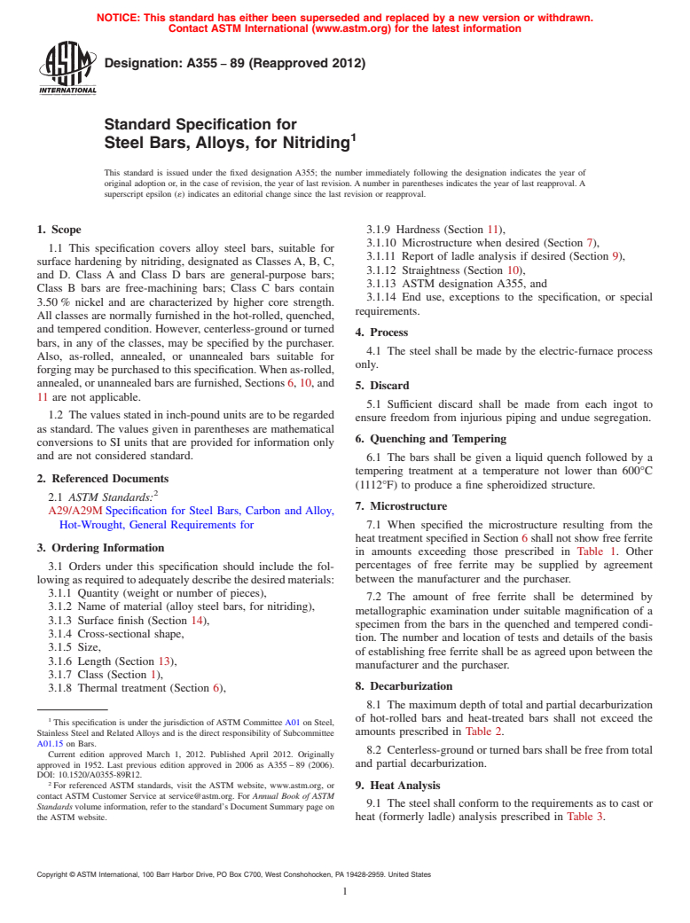 ASTM A355-89(2012) - Standard Specification for  Steel Bars, Alloys, for Nitriding