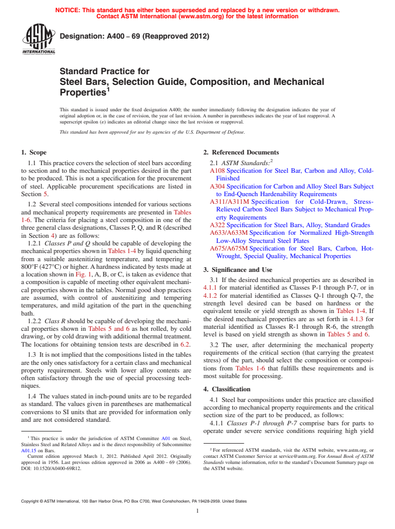 ASTM A400-69(2012) - Standard Practice for  Steel Bars, Selection Guide, Composition, and Mechanical Properties