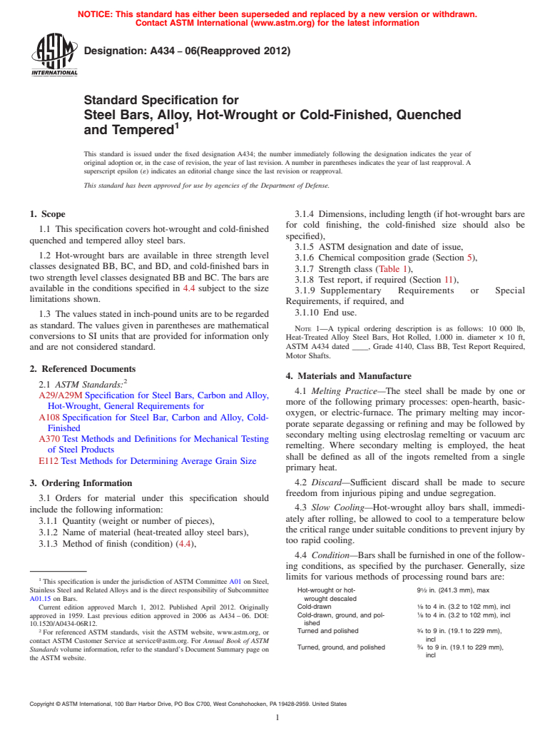 ASTM A434-06(2012) - Standard Specification for  Steel Bars, Alloy, Hot-Wrought or Cold-Finished, Quenched and Tempered