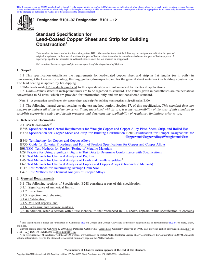 REDLINE ASTM B101-12 - Standard Specification for Lead-Coated Copper Sheet and Strip for Building Construction