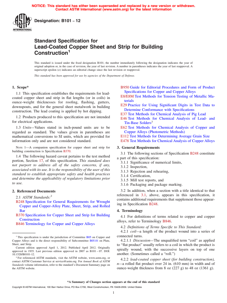 ASTM B101-12 - Standard Specification for Lead-Coated Copper Sheet and Strip for Building Construction