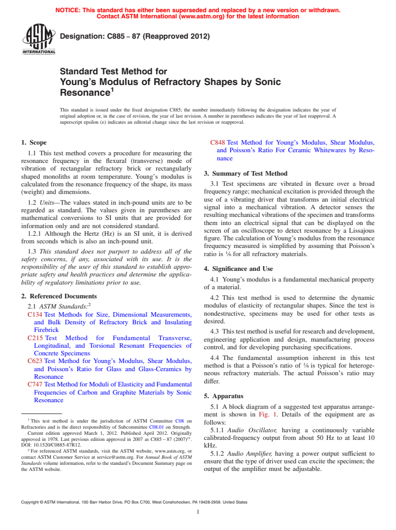 ASTM C885-87(2012) - Standard Test Method for Young's Modulus of Refractory Shapes by Sonic Resonance