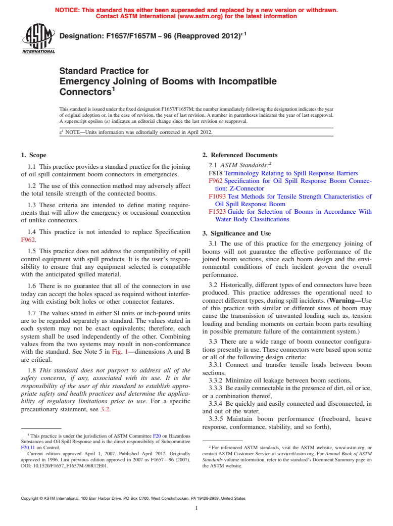 ASTM F1657/F1657M-96(2012)e1 - Standard Practice for Emergency Joining of Booms with Incompatible Connectors