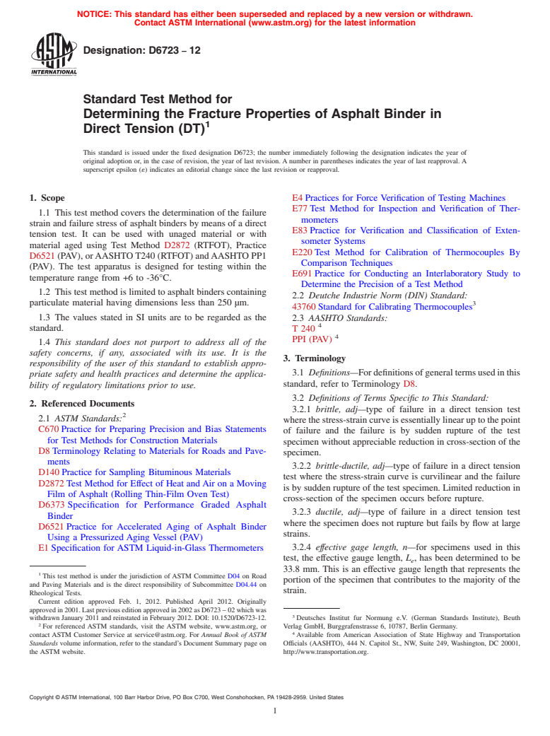 ASTM D6723-12 - Standard Test Method for Determining the Fracture Properties of Asphalt Binder in Direct Tension (DT) (Withdrawn 2021)