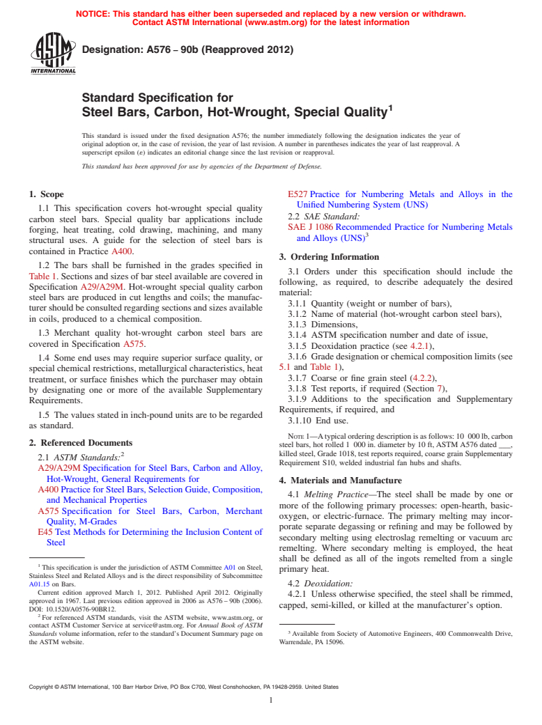 ASTM A576-90b(2012) - Standard Specification for  Steel Bars, Carbon, Hot-Wrought, Special Quality