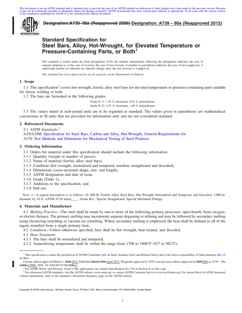 REDLINE ASTM A739-90a(2012) - Standard Specification for  Steel Bars, Alloy, Hot-Wrought, for Elevated Temperature or Pressure-Containing Parts, or Both