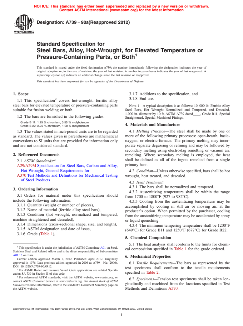 ASTM A739-90a(2012) - Standard Specification for  Steel Bars, Alloy, Hot-Wrought, for Elevated Temperature or Pressure-Containing Parts, or Both