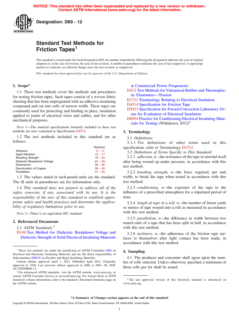 ASTM D69-12 - Standard Test Methods for  Friction Tapes