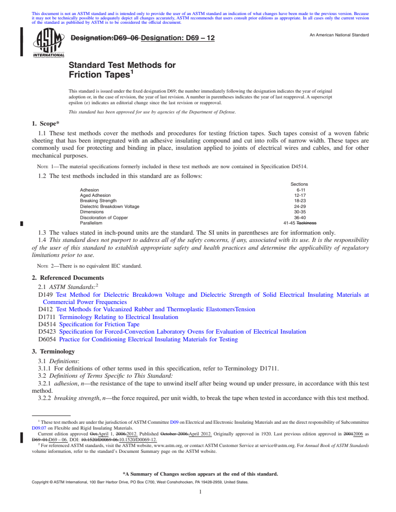 REDLINE ASTM D69-12 - Standard Test Methods for  Friction Tapes