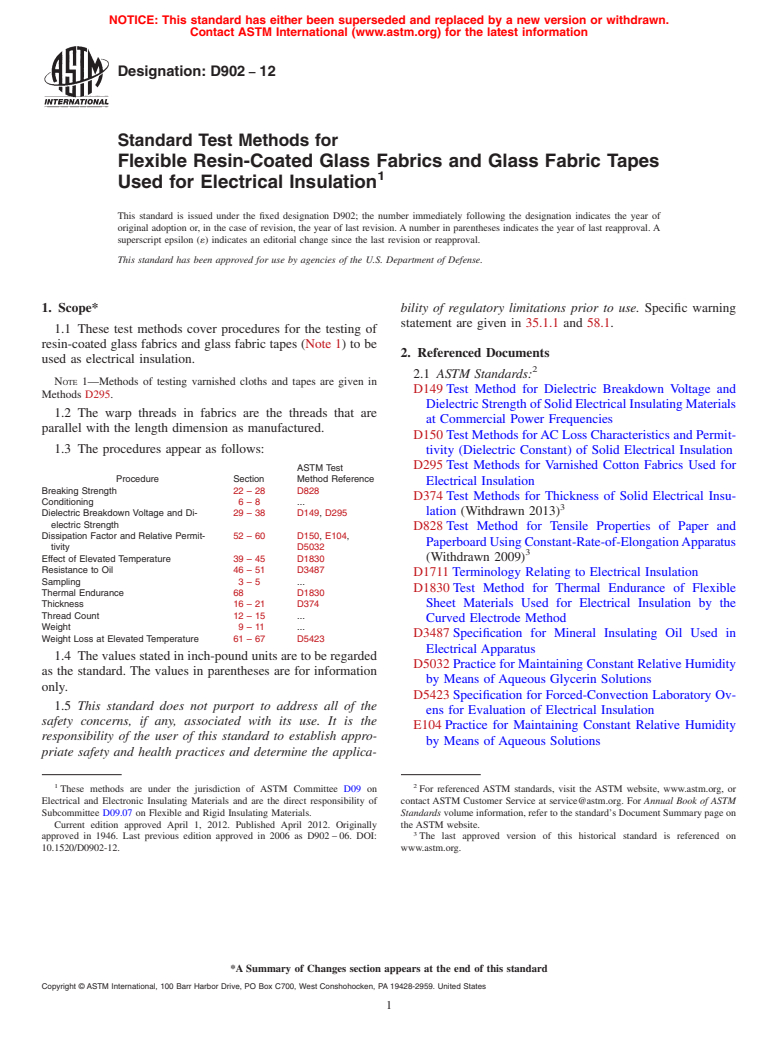 ASTM D902-12 - Standard Test Methods for  Flexible Resin-Coated Glass Fabrics and Glass Fabric Tapes Used for Electrical Insulation (Withdrawn 2020)